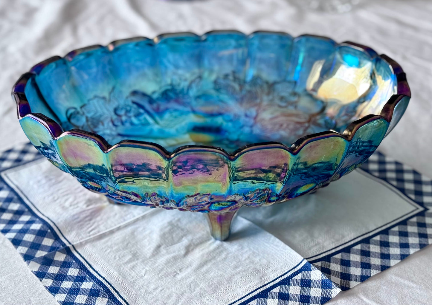 Indiana Blue Carnival Glass Oval Harvest Fruit Bowl