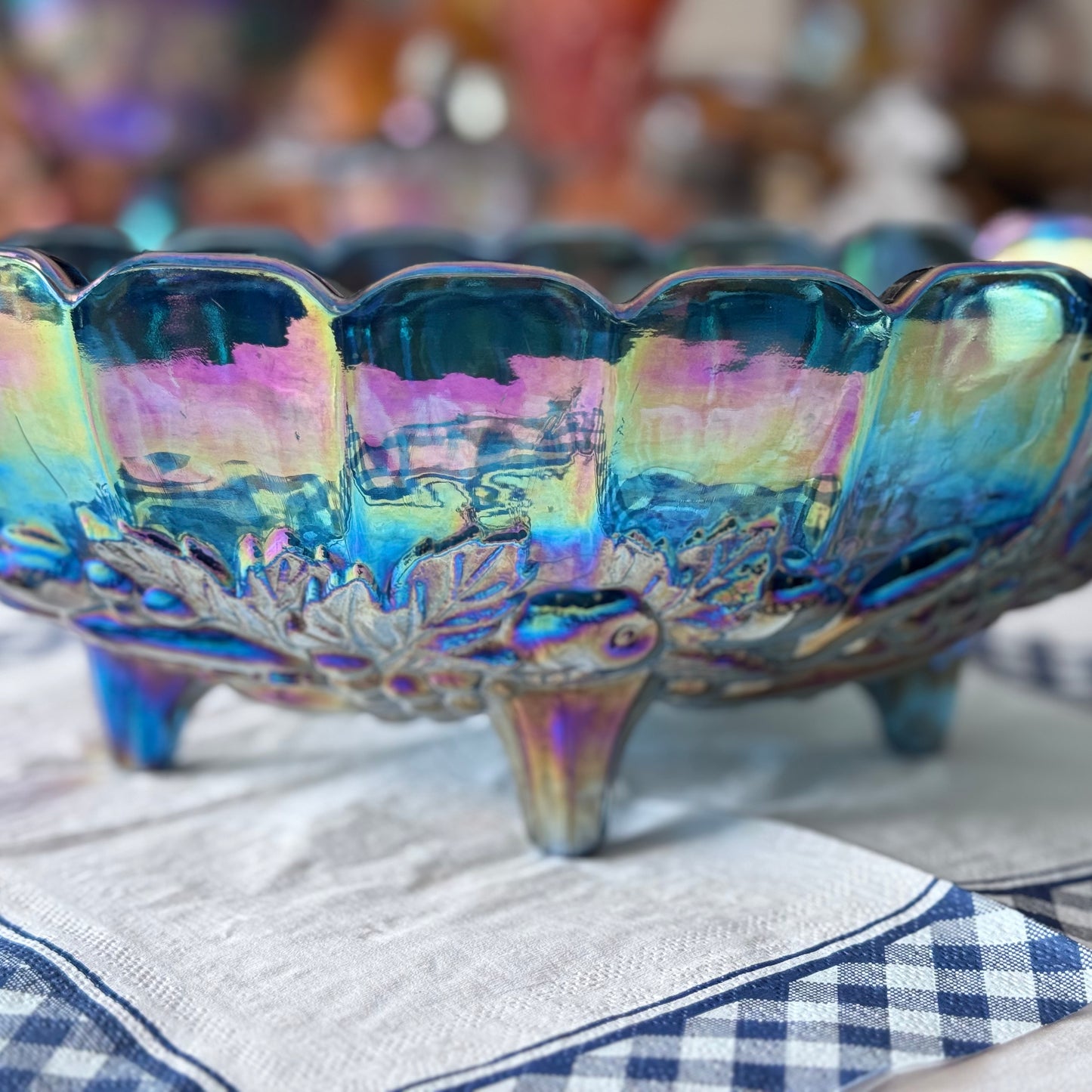 Indiana Blue Carnival Glass Oval Harvest Fruit Bowl