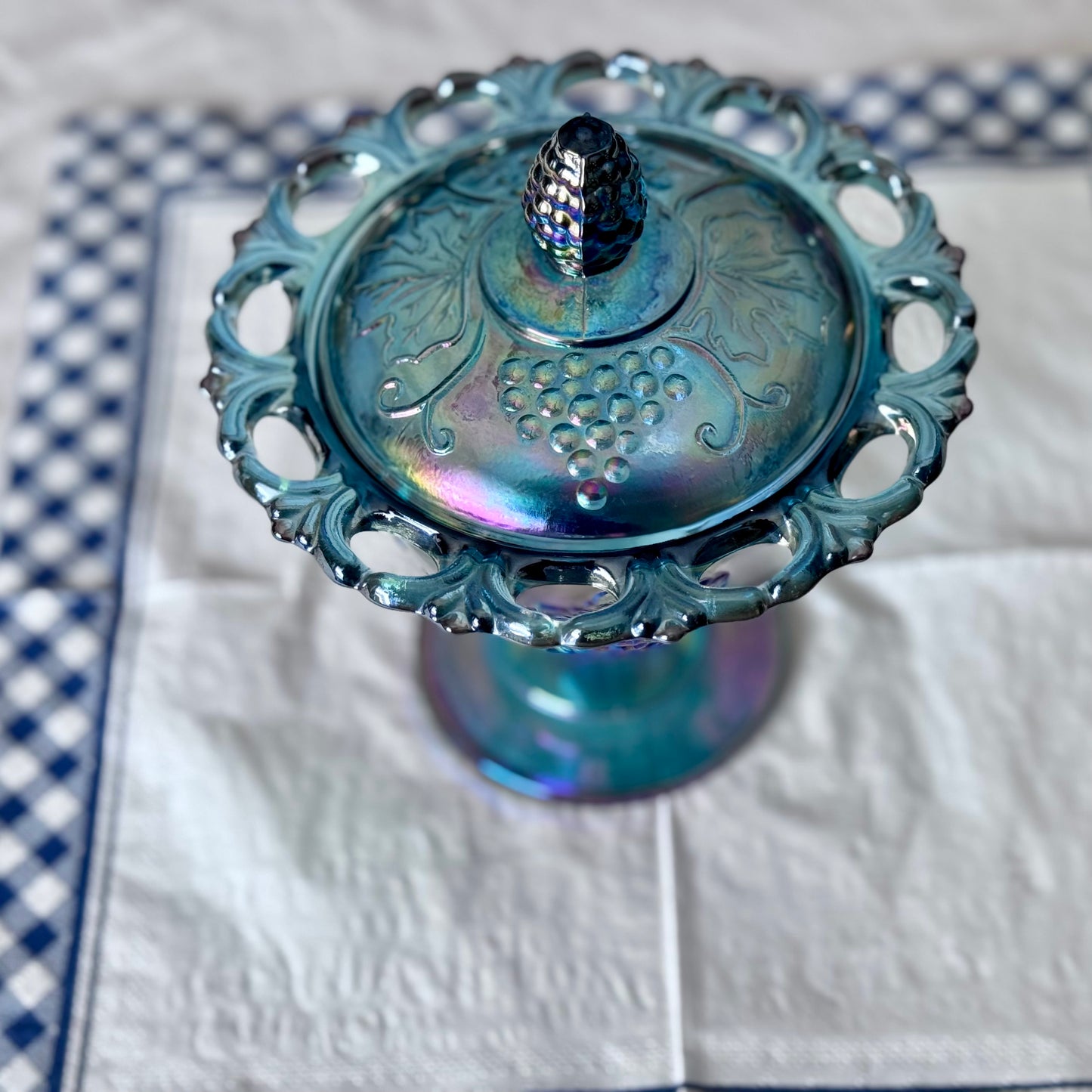 Indiana Iridescent Blue Carnival Glass Candy Dish