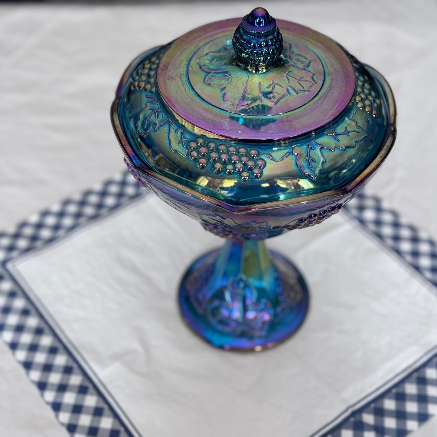 Indiana Blue Carnival Glass Pedestal Compote Dish with Lid