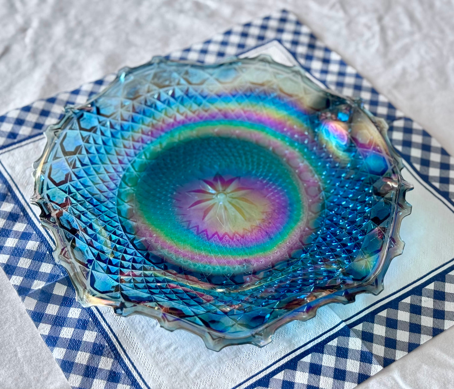 Blue Indiana/Carnival Glass Ruffled Plate