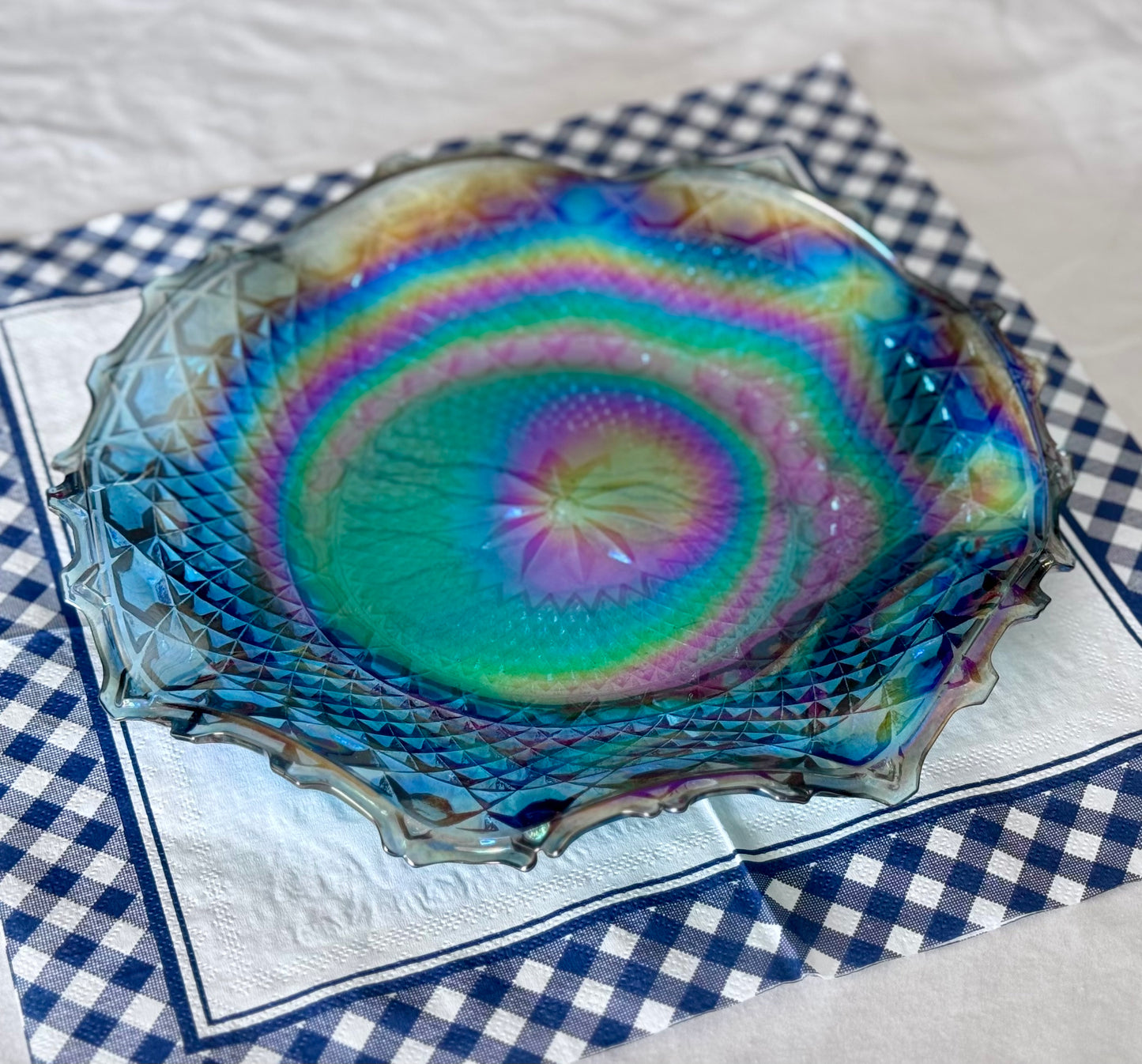 Blue Indiana/Carnival Glass Ruffled Plate
