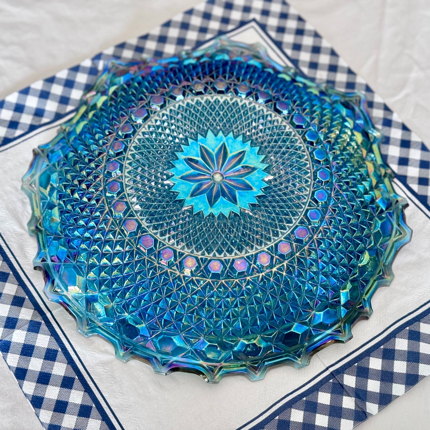 Blue Indiana/Carnival Glass Ruffled Plate