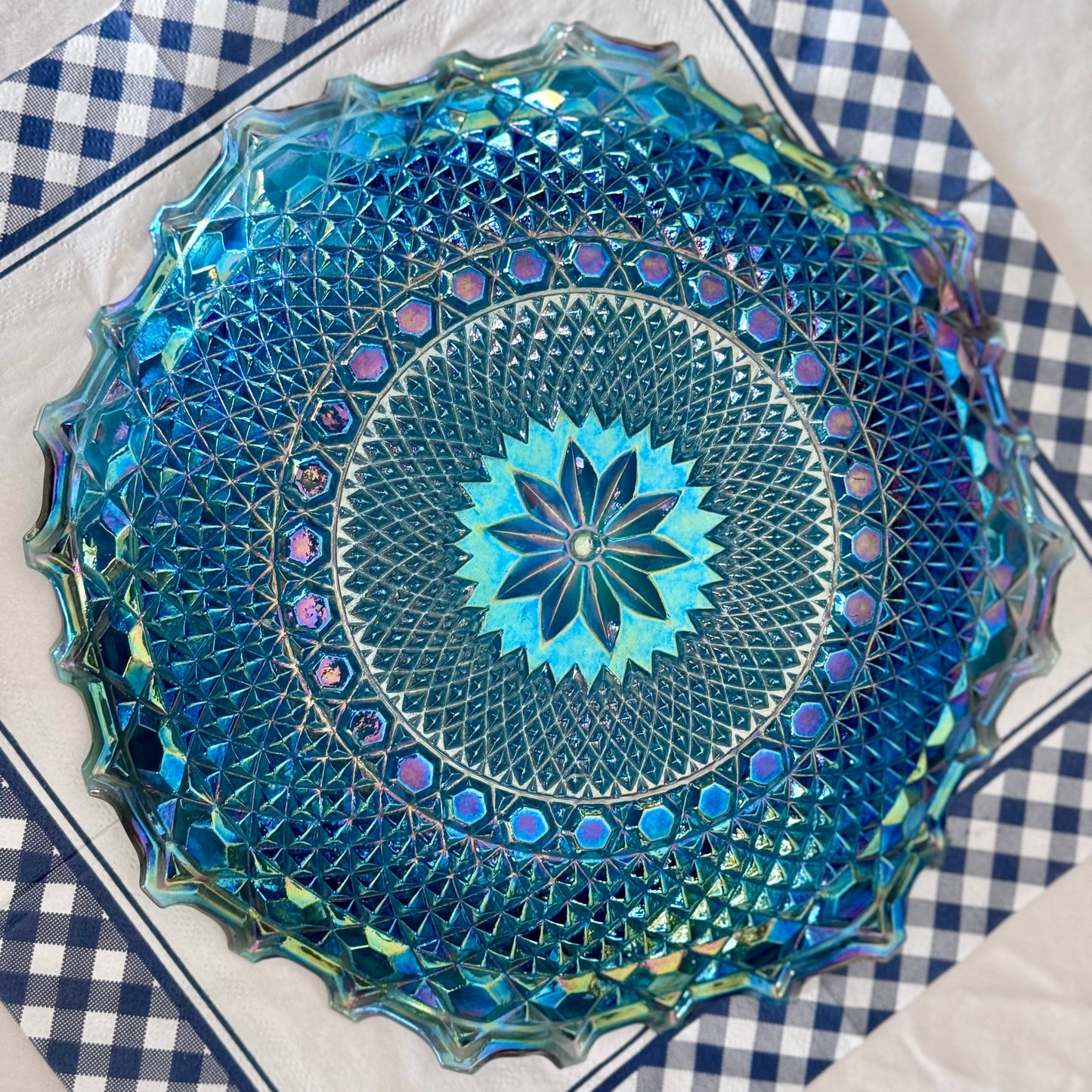 Blue Indiana/Carnival Glass Ruffled Plate