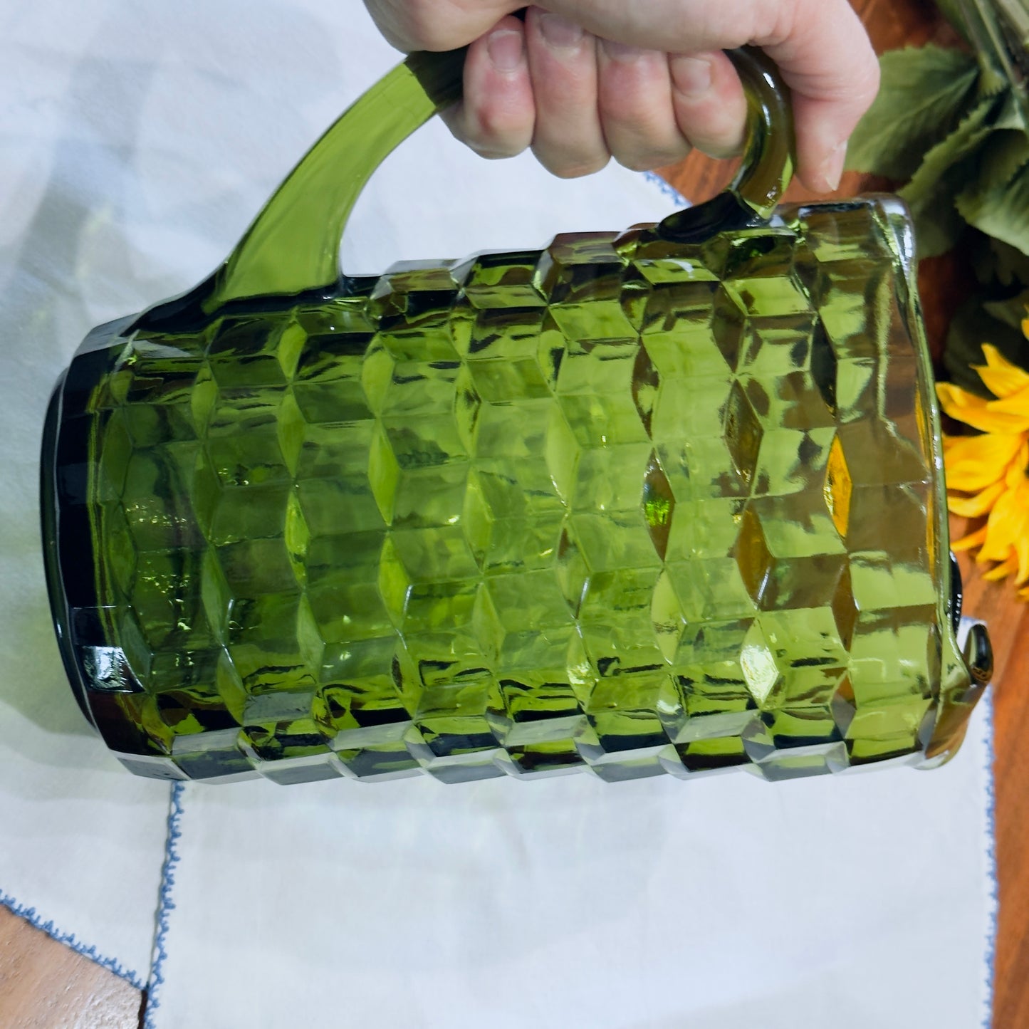 Vintage Indiana Whitehall Green Glass Pitcher