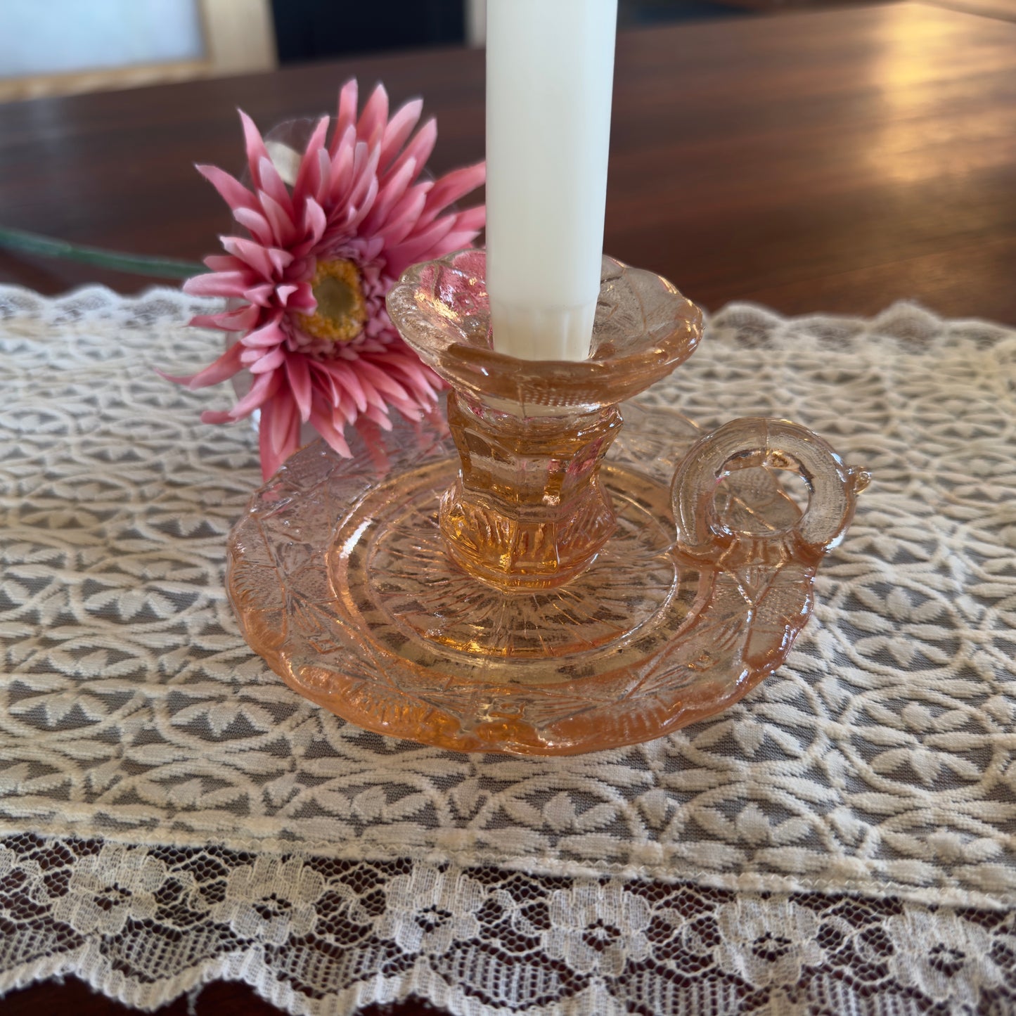 Vintage Skio Union Zabkowice Pink Glass Chamberstick Candle Holder