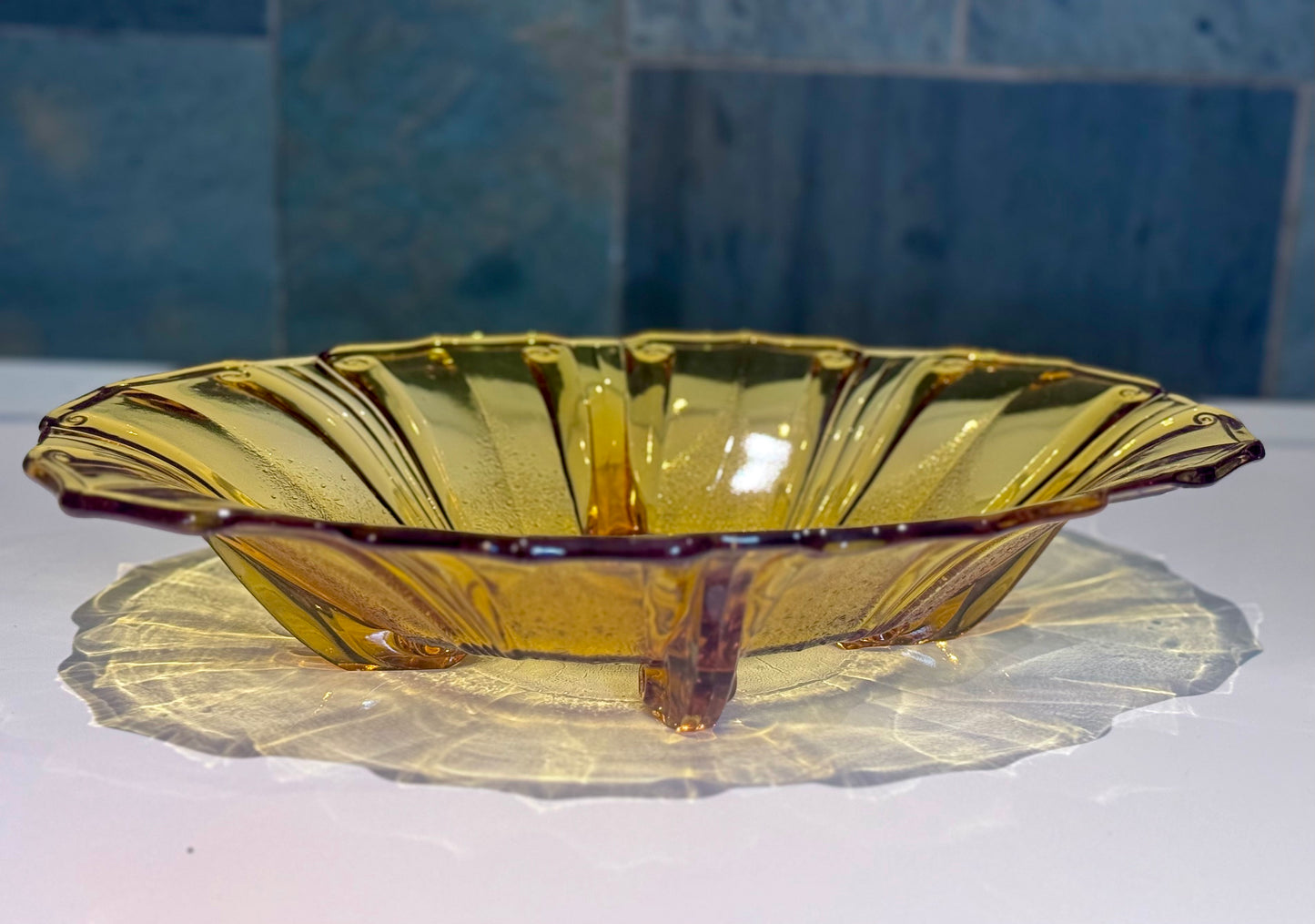 Amber Glass Footed Oval Serving Bowl