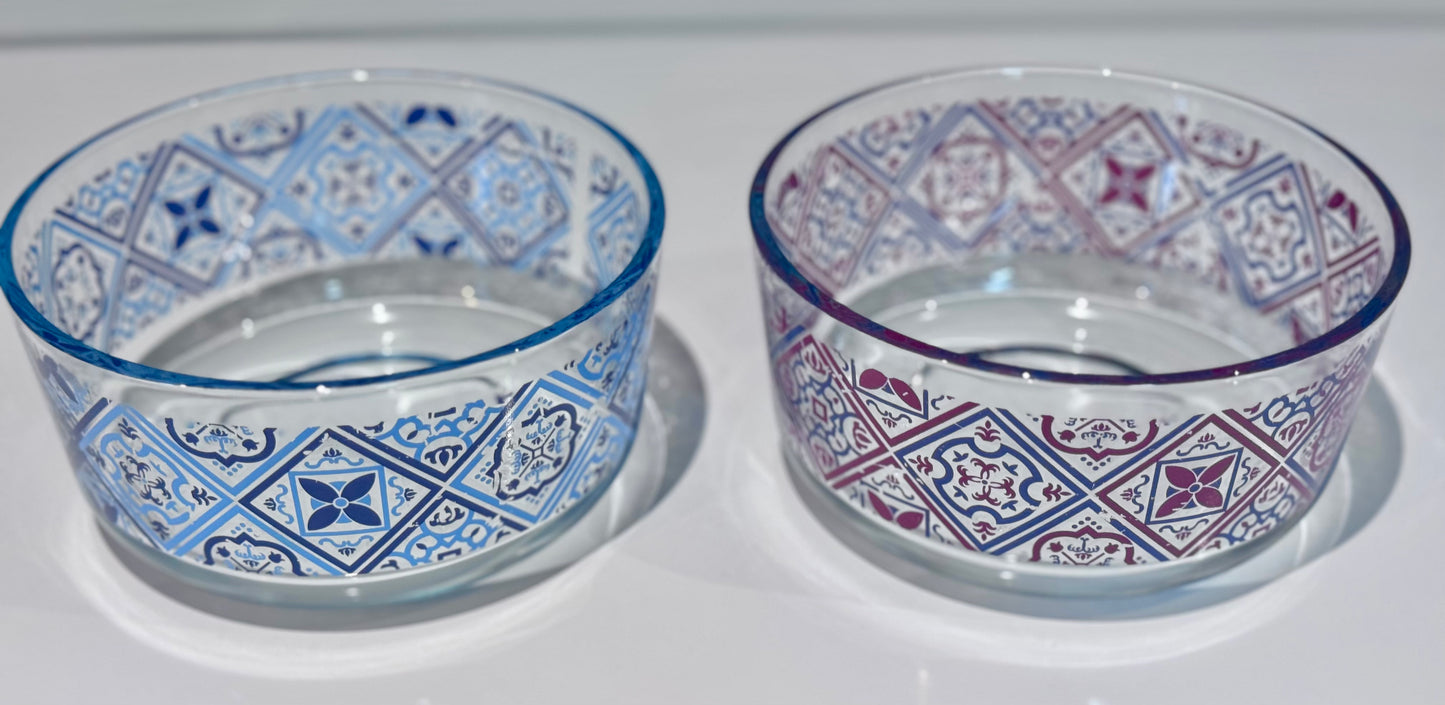 Pyrex Clear Glass Blue/Red Motif Bowls