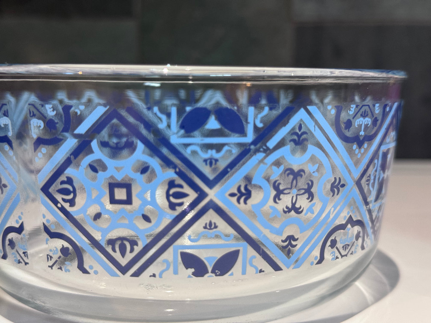Pyrex Clear Glass Blue/Red Motif Bowls