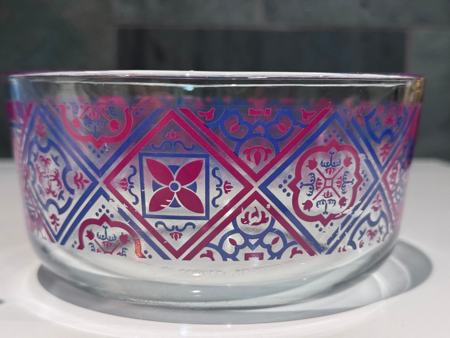 Pyrex Clear Glass Blue/Red Motif Bowls