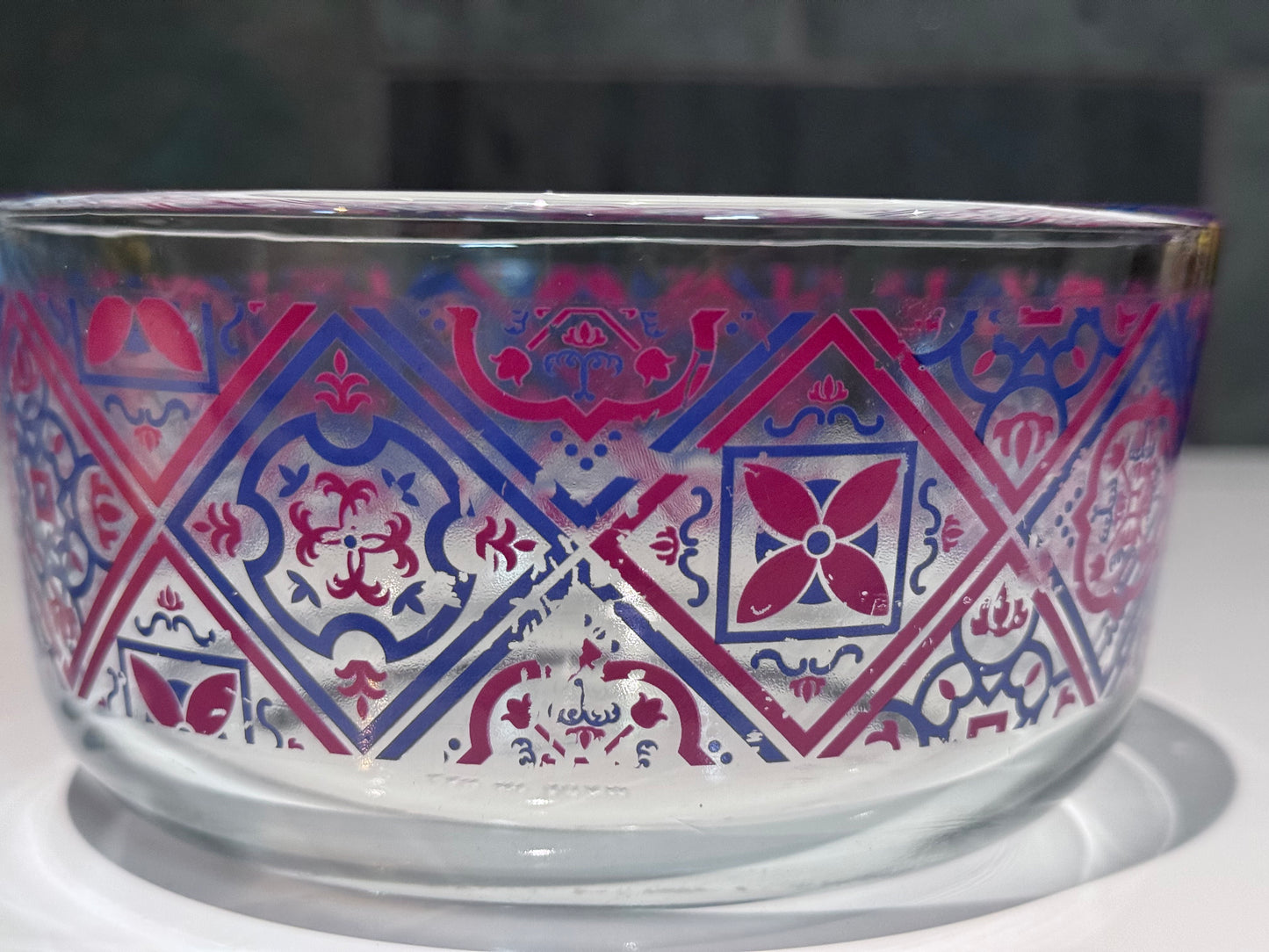 Pyrex Clear Glass Blue/Red Motif Bowls