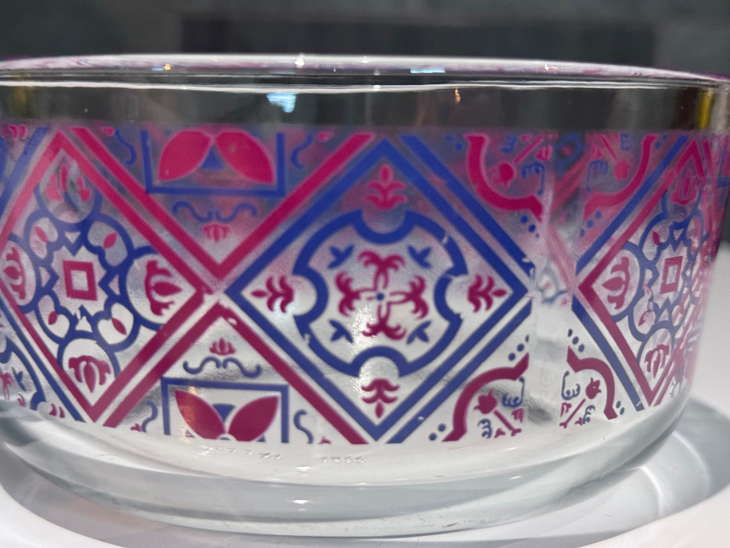 Pyrex Clear Glass Blue/Red Motif Bowls