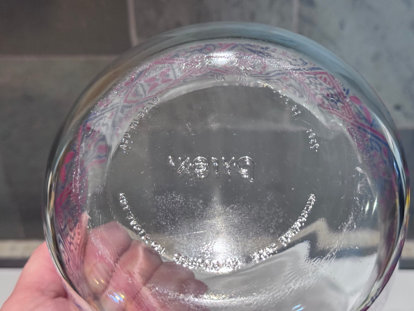 Pyrex Clear Glass Blue/Red Motif Bowls