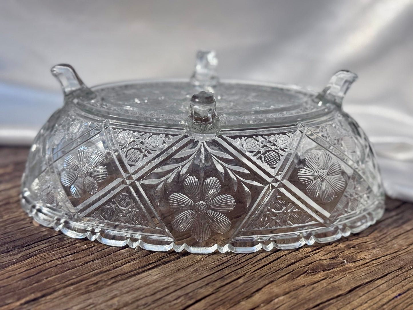 Clear Cut Glass Footed Floral Dish