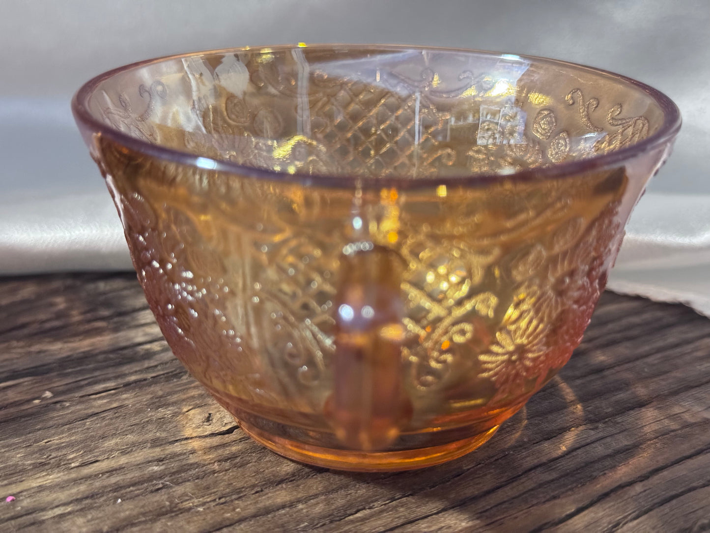 Federal Glass/Marigold Iridescent Carnival Depression Glass "Lattice & Bouquet" Cups and Saucer