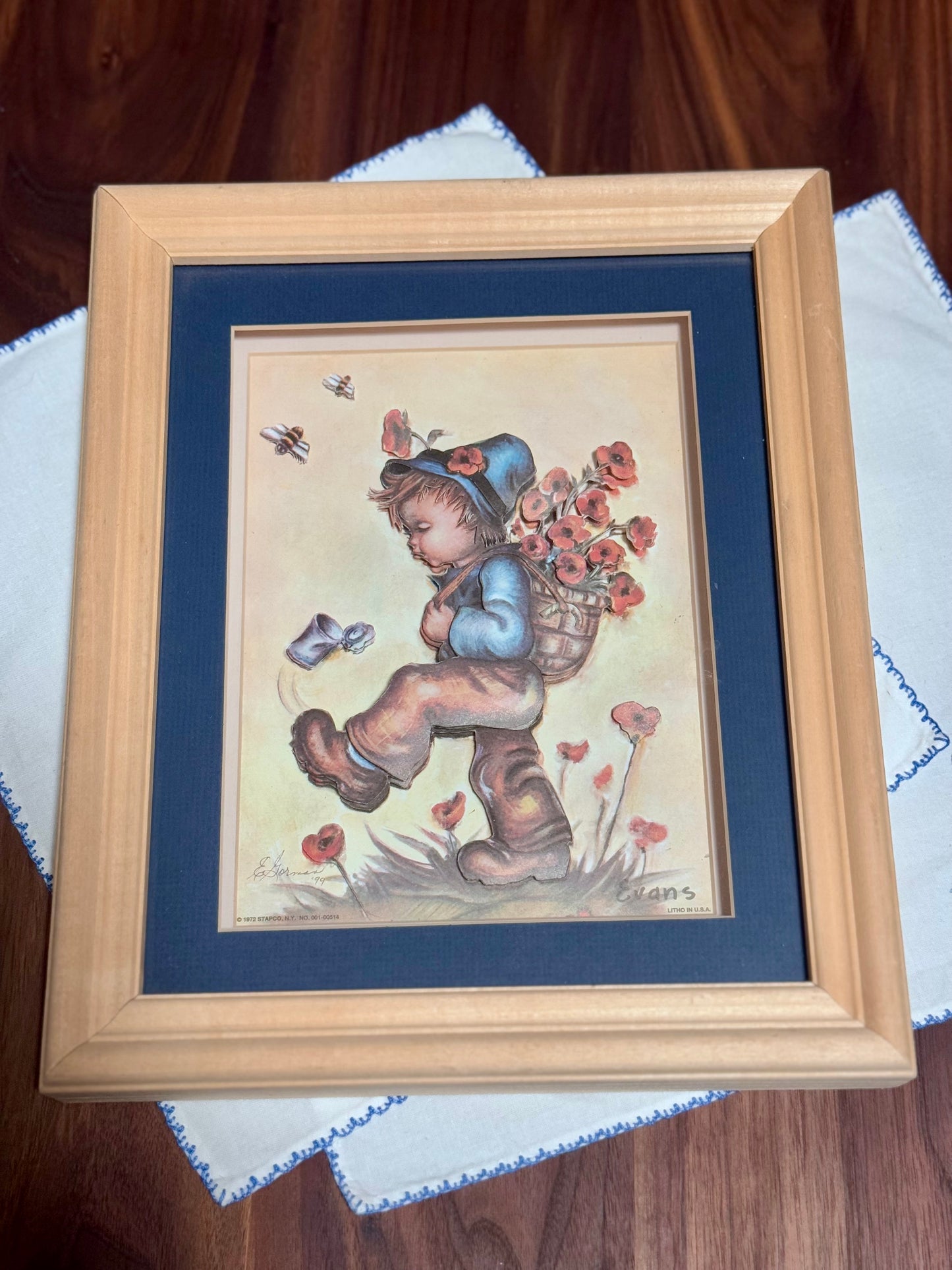 1972 Litho by Evans of Boy with Poppies Kicking Can