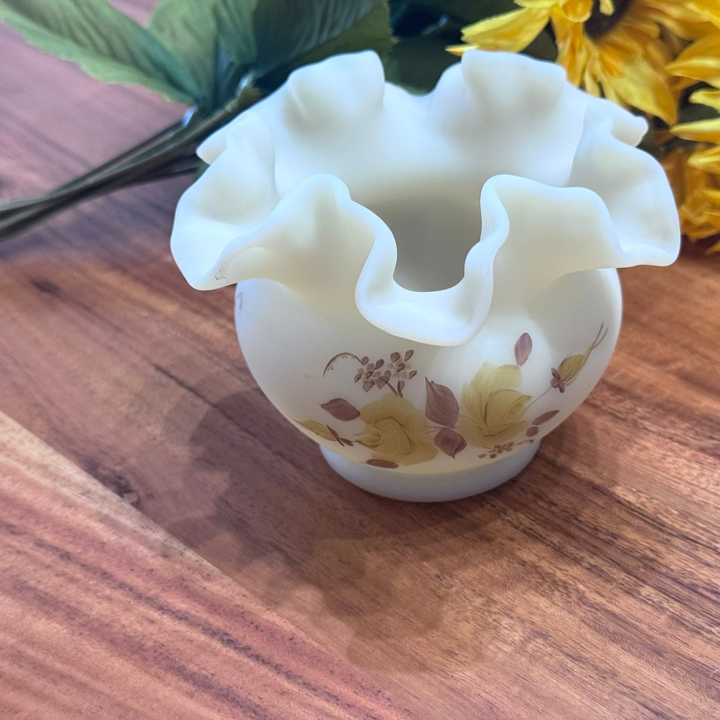 Fenton Hand Painted Custard Glass Bowl Vase