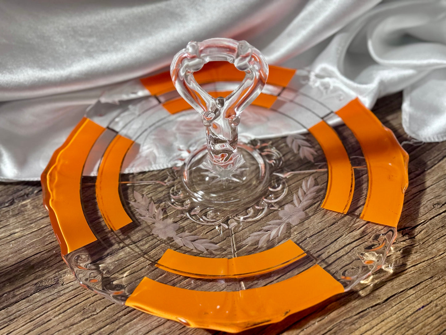 Orange & Clear Glass Art Deco Serving Teay