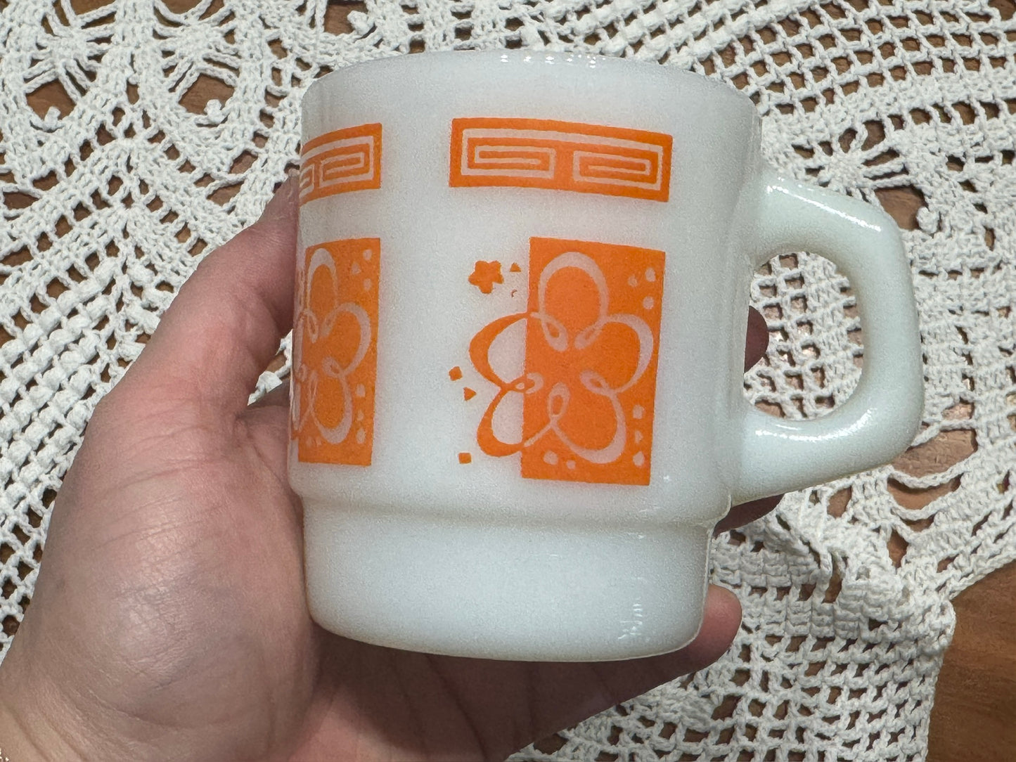 Anchor Hocking Fire-King Stackable Atomic Cloud/Flower Milk Glass Mugs