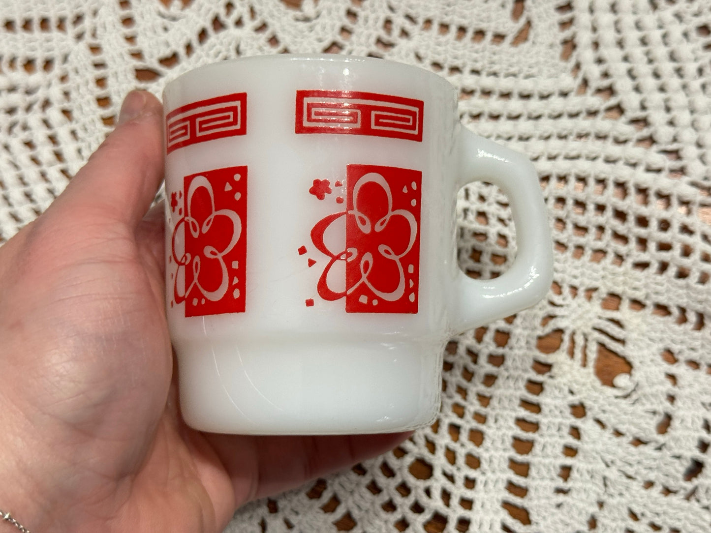 Anchor Hocking Fire-King Stackable Atomic Cloud/Flower Milk Glass Mugs