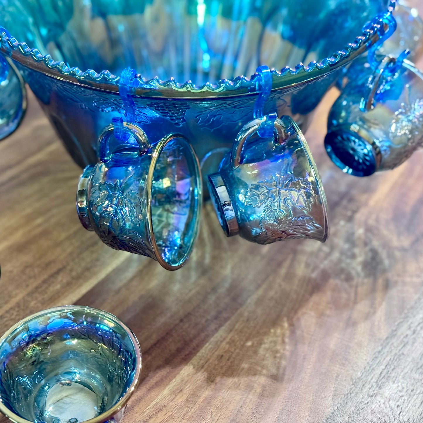 Iridescent Blue Carnival Glass Princess Punch Cups