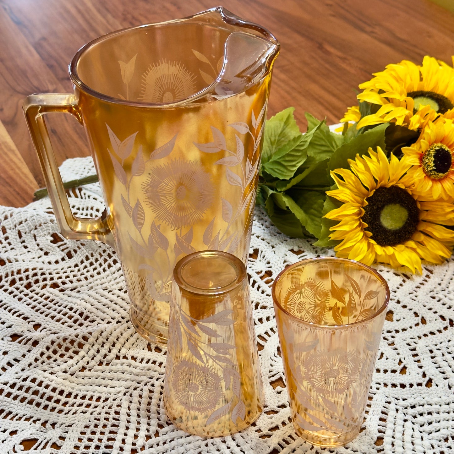 Jeannette Marigold Carnival Glass Pitcher & Glasses