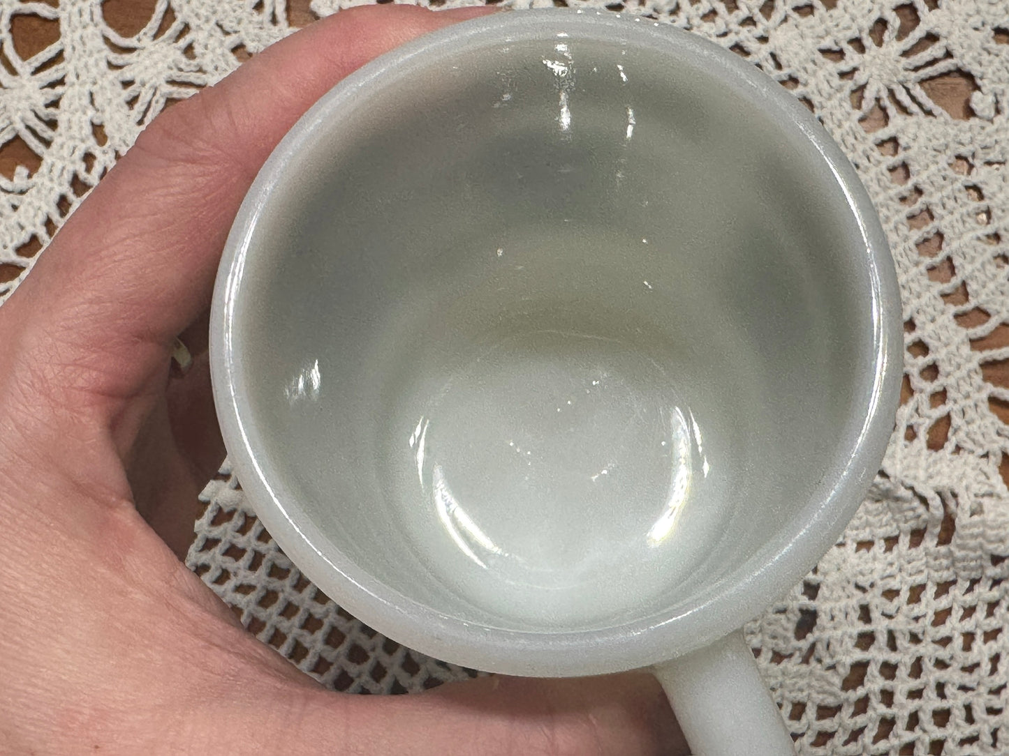 Anchor Hocking Fire-King Stackable Atomic Cloud/Flower Milk Glass Mugs