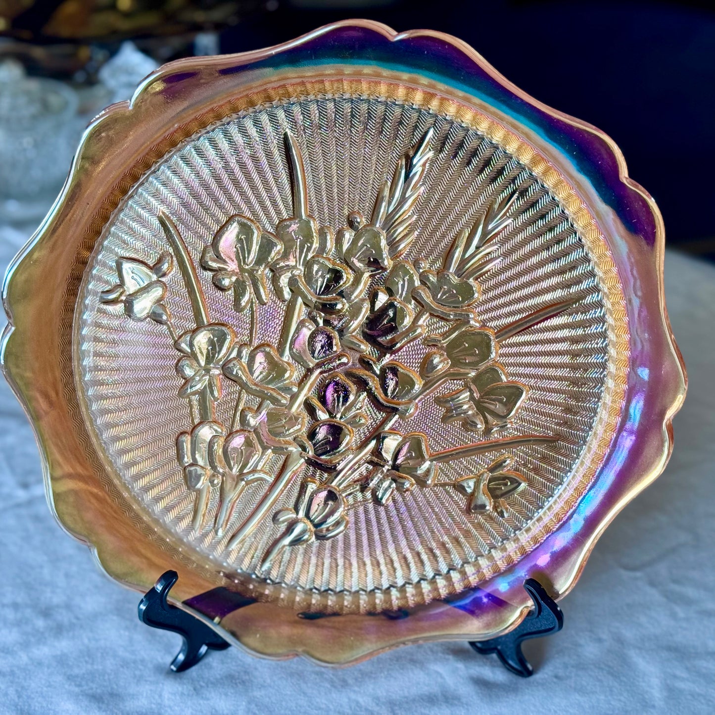 Jeanette Marigold Carnival Glass Cake Plate