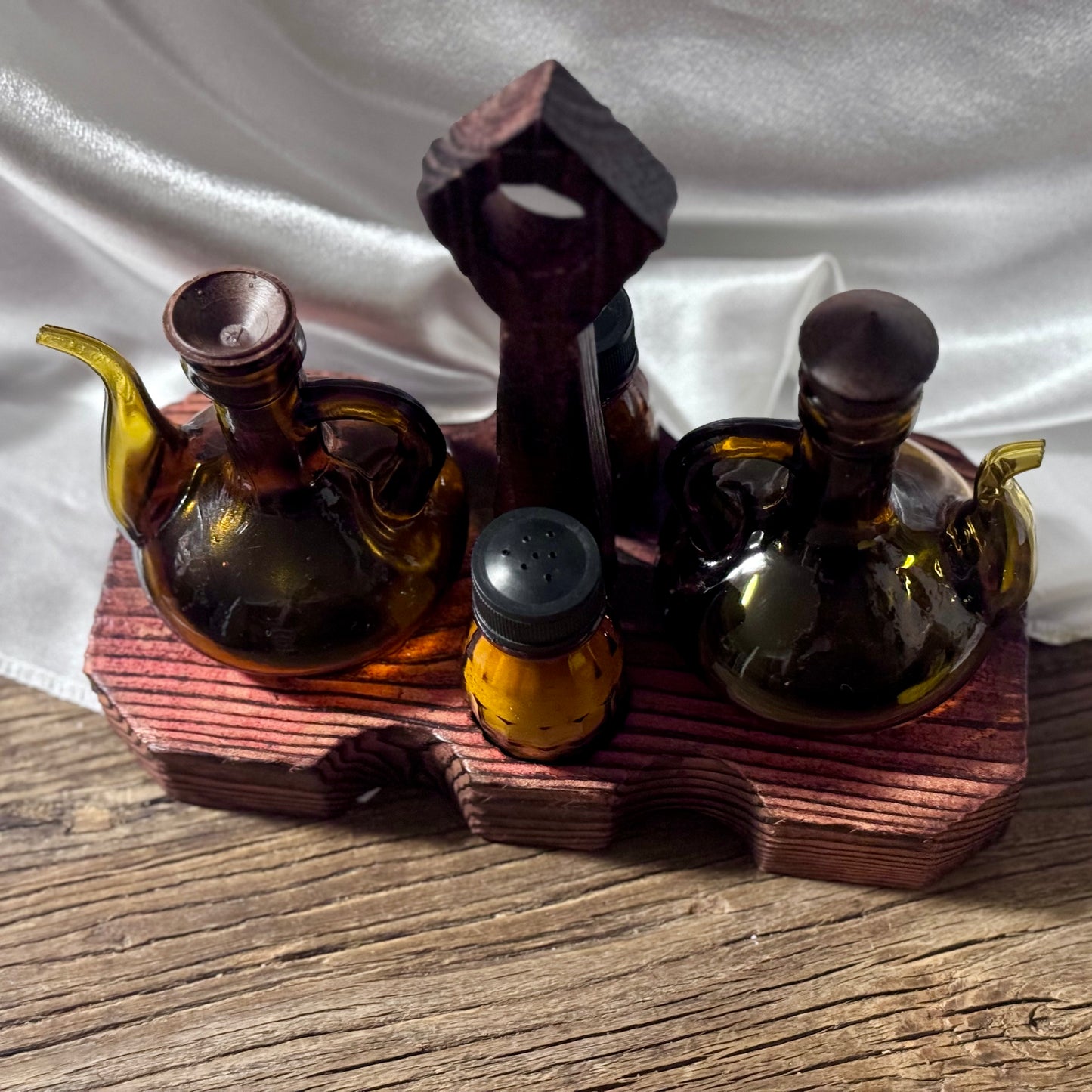 Amber Glass Cruet Set with Wood Base