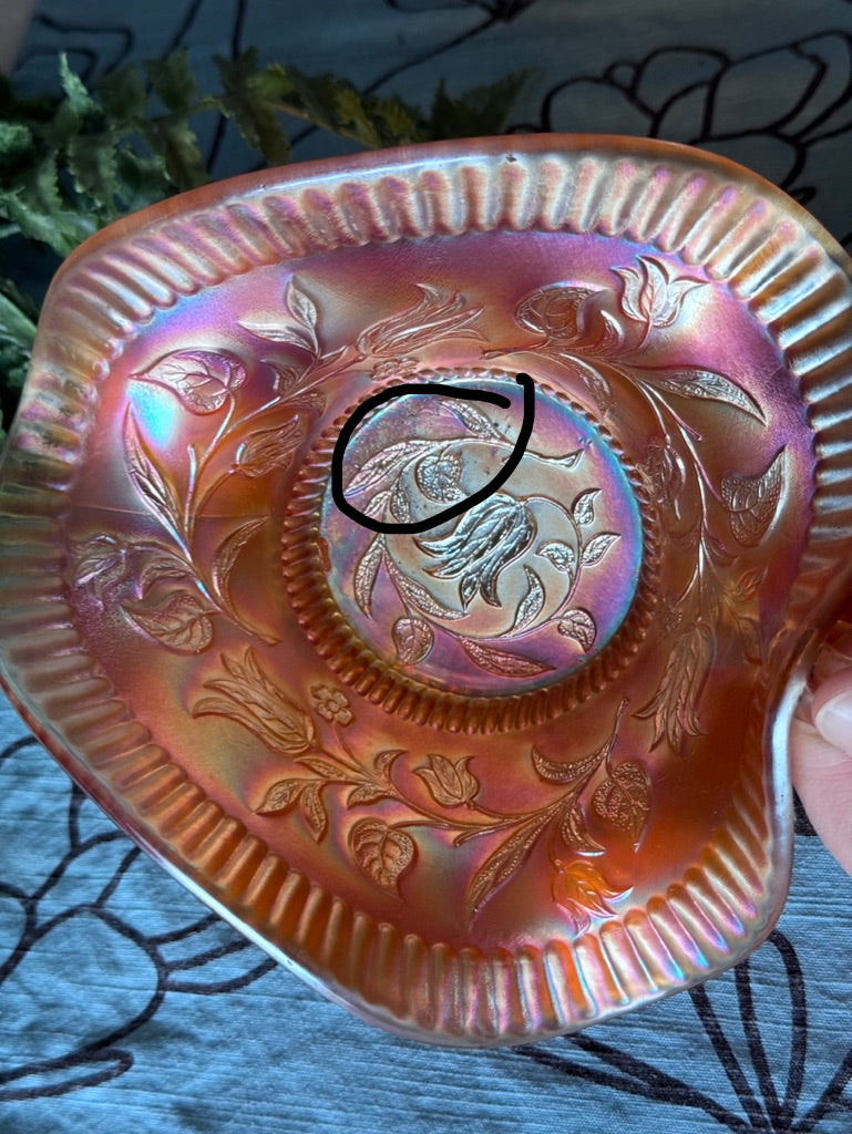 Dugan Carnival Glass Windflower Marigold Nappy Dish