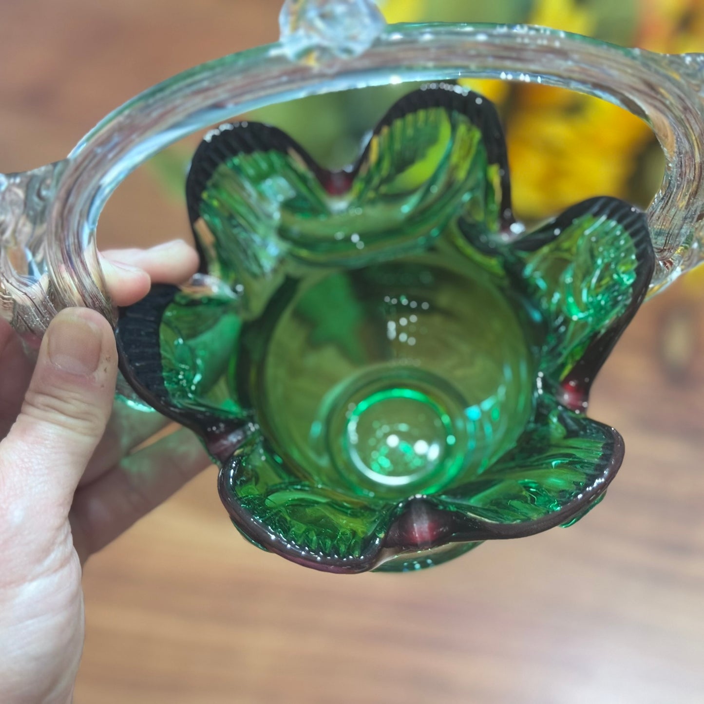 Murano Green Glass Basket Vase