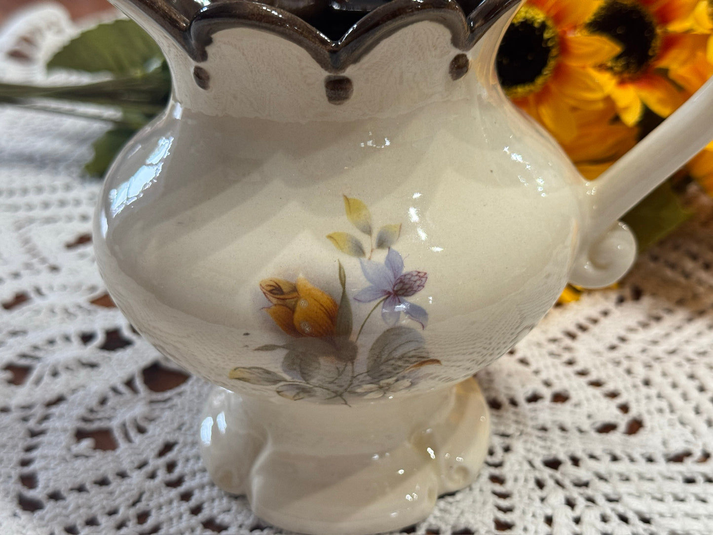 Small Ivory/Brown Ceramic Hand Painted Vase/Pitcher