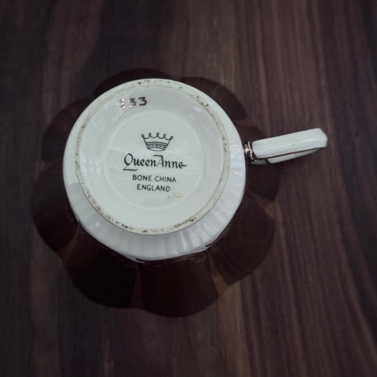 Queen Anne Teacup and Saucer (Brown/White/Gold)
