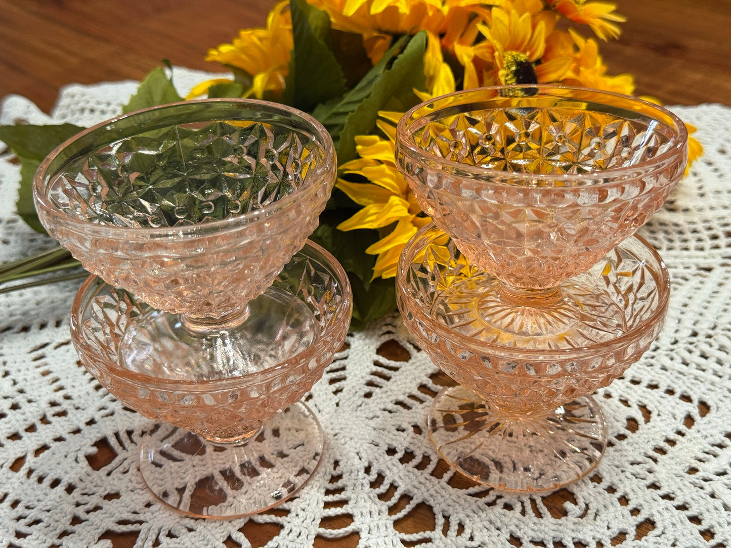 Pink Jeannette Depression Glass Holiday Button & Bows Sherbet Bowls