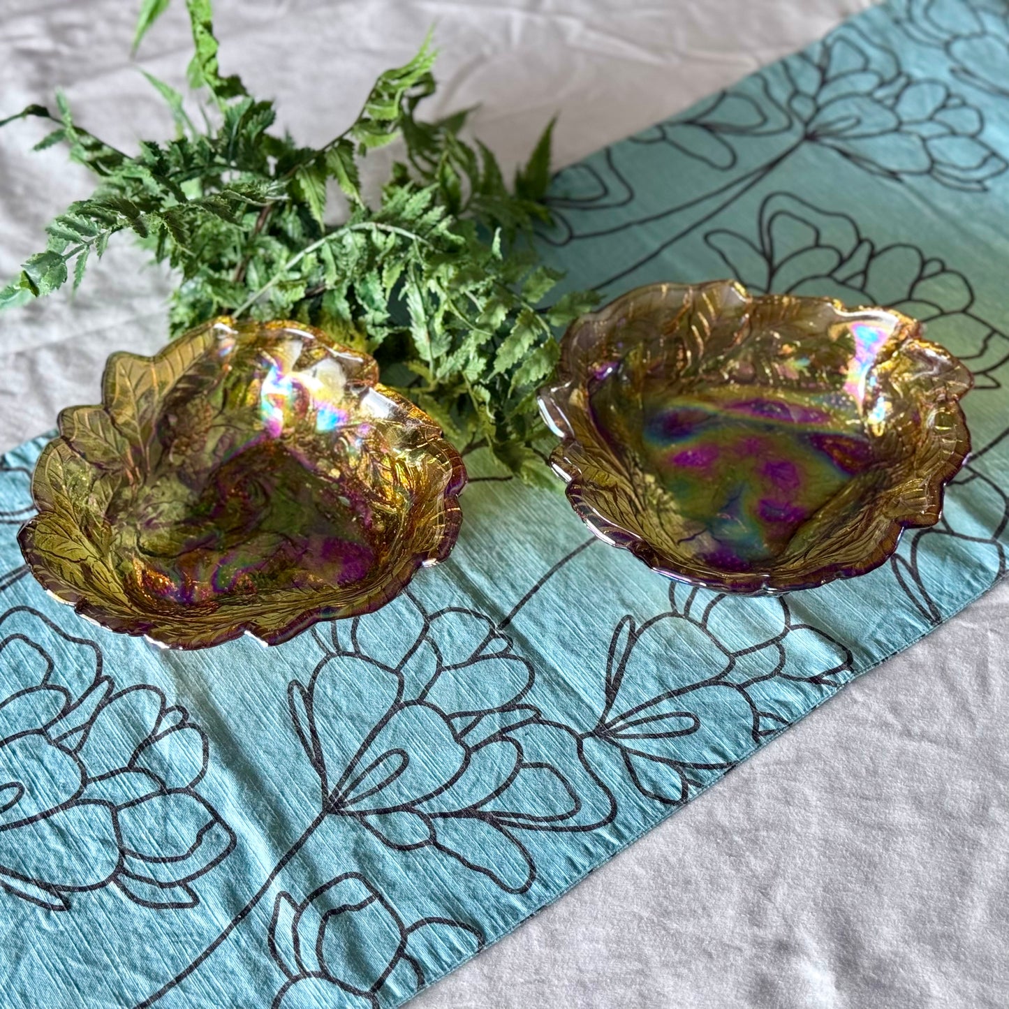 Indiana Glass Co Marigold Carnival Glass Triangular Loganberry Leaves Bowl