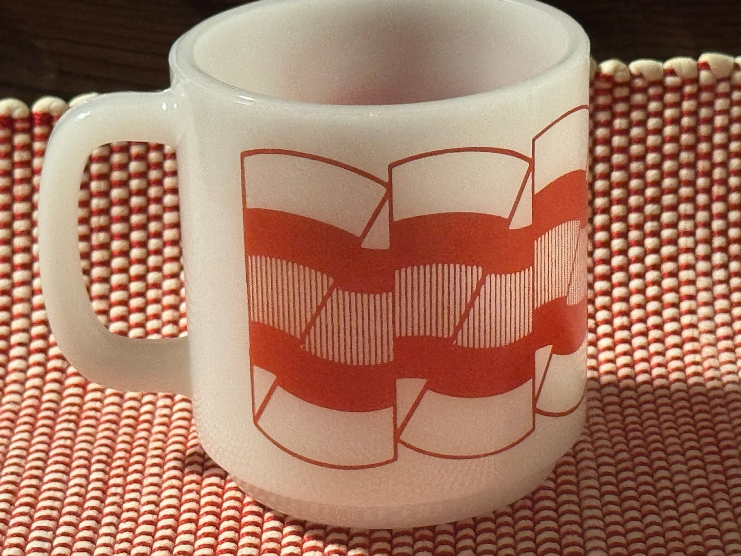Glasbake Milk Glass Red Stripes Mug