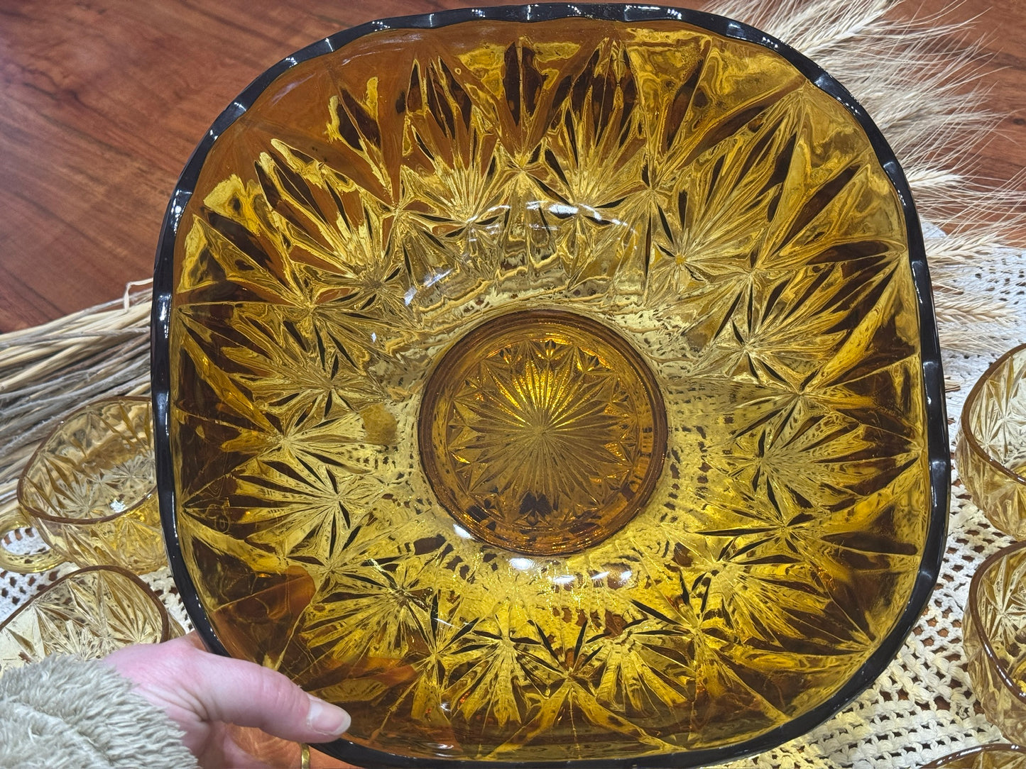 Hazel Atlas Amber Glass Williamsport Punch Bowl Set