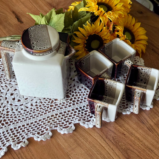 Pier 1 Tri - Colour Glazed Stoneware Pot & Cups