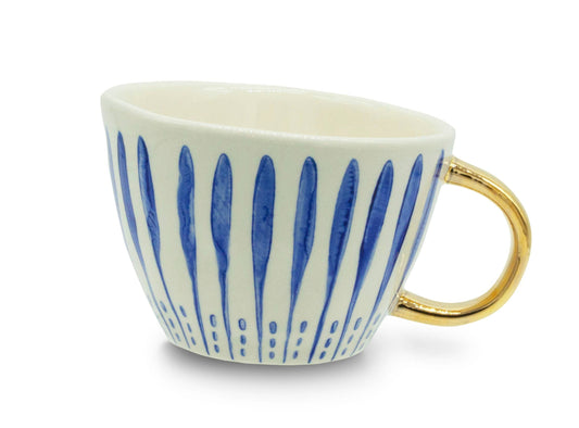 Kitchen Basics Mug Blue Stripe w/Gold Handle 12oz Stoneware: 12Oz / Stoneware / Cream/Blue/Gold