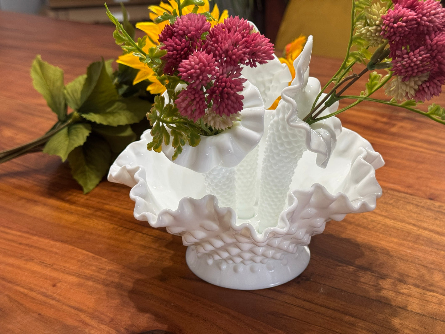 Fenton Hobnail Milk Glass Epergne Ruffled Bowl with Three Horns
