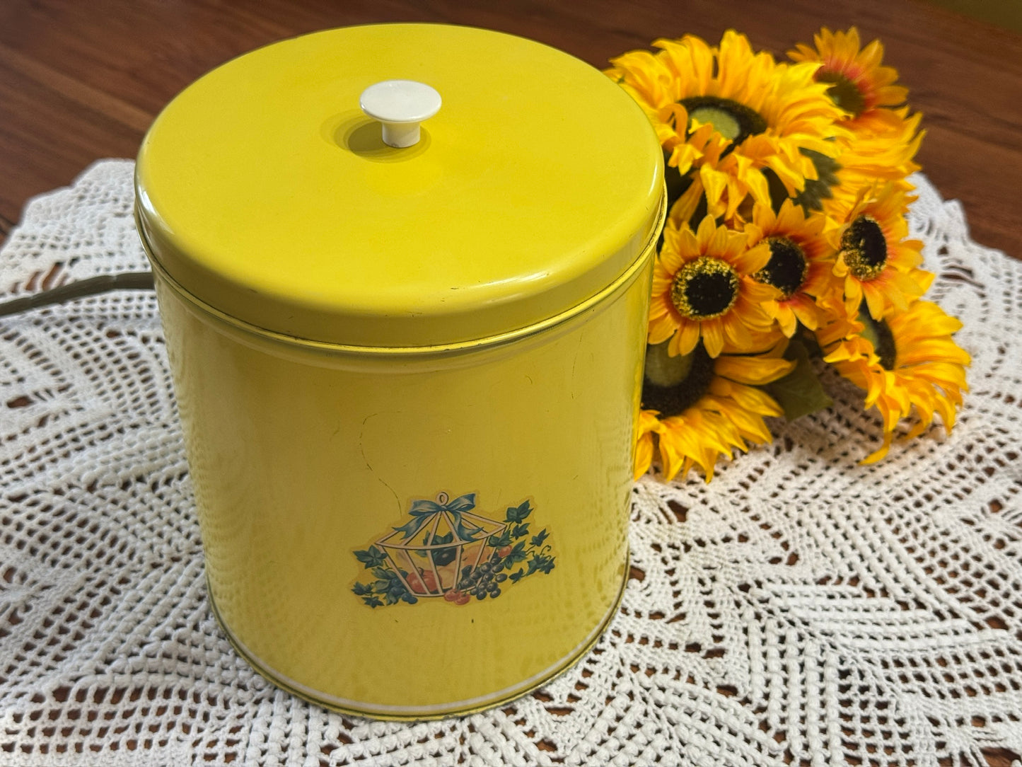 Vintage Yellow Tin Canister With Fruit/Vine Motif