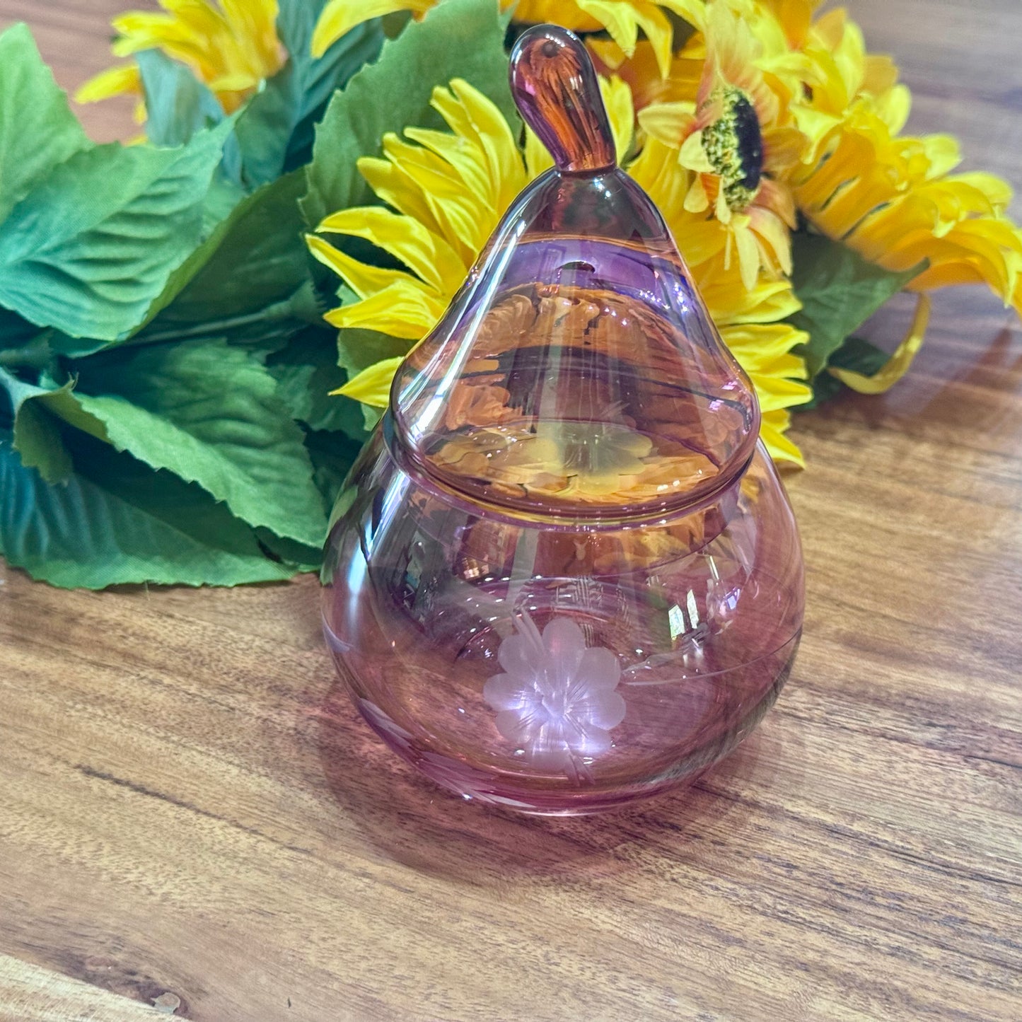 Cranberry Etched Glass Lidded Pear Shape Trinket Dish
