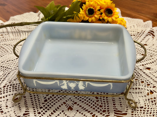 Grecian or Cameo Blue Glasbake Casserole Dish with Holder