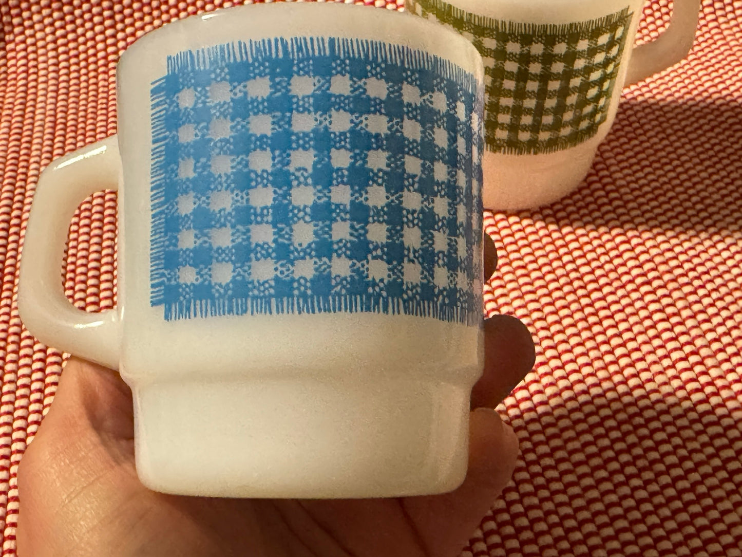 Anchor Hocking Fire-King Stackable Gingham Milk Glass Mugs