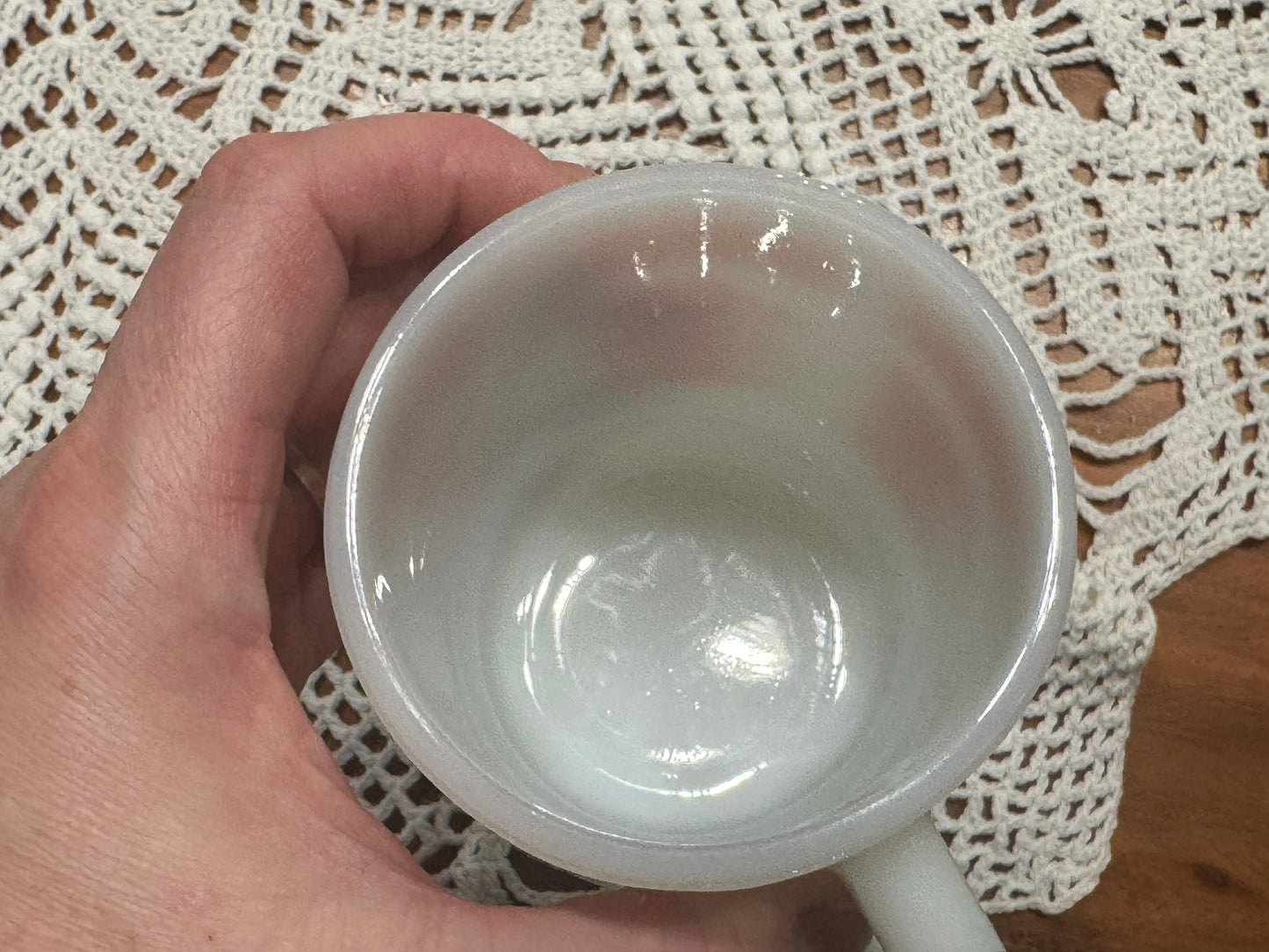 Anchor Hocking Fire-King Stackable Atomic Cloud/Flower Milk Glass Mugs