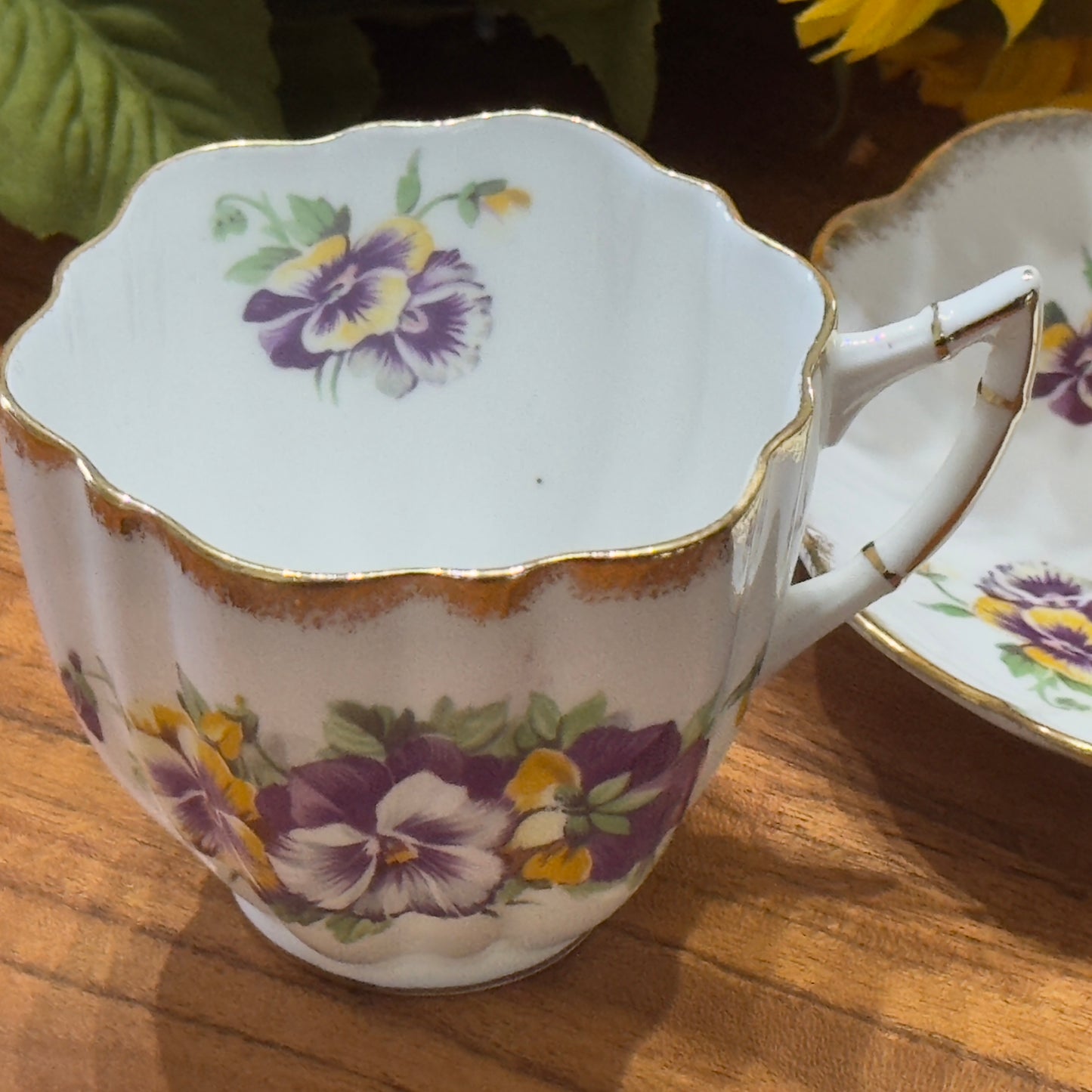 Victoria C & E Bone China Purple Pansy Teacup & Saucer Set
