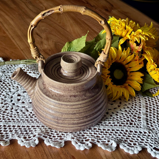 Brown Glazed Pottery & Bamboo Teapot