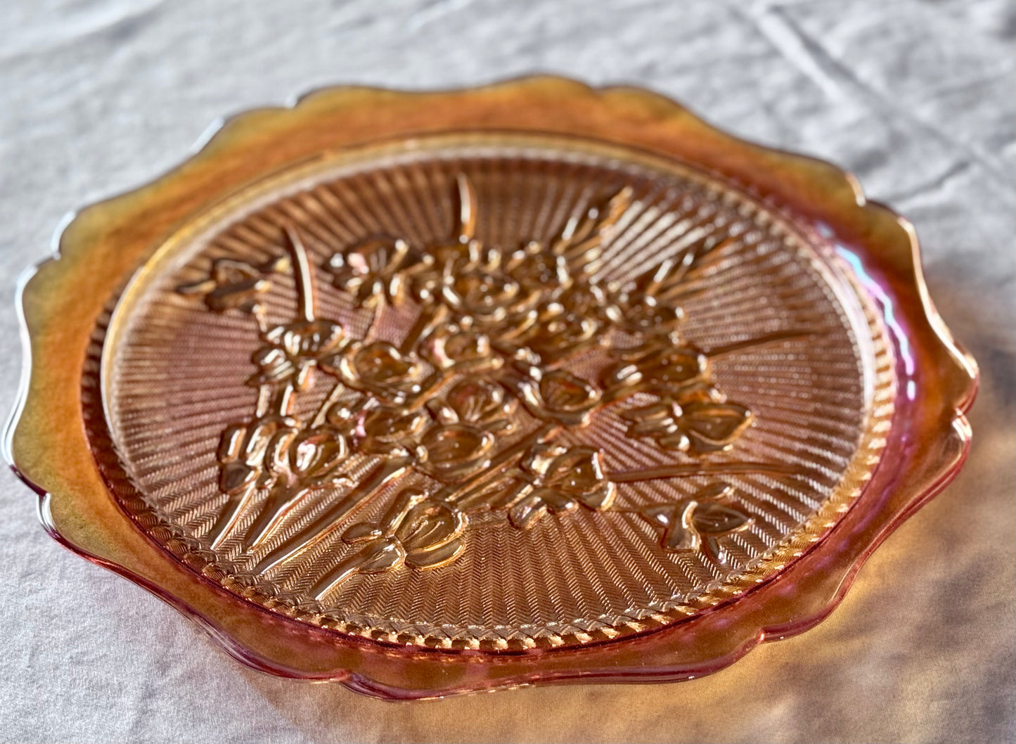 Jeanette Marigold Carnival Glass Cake Plate