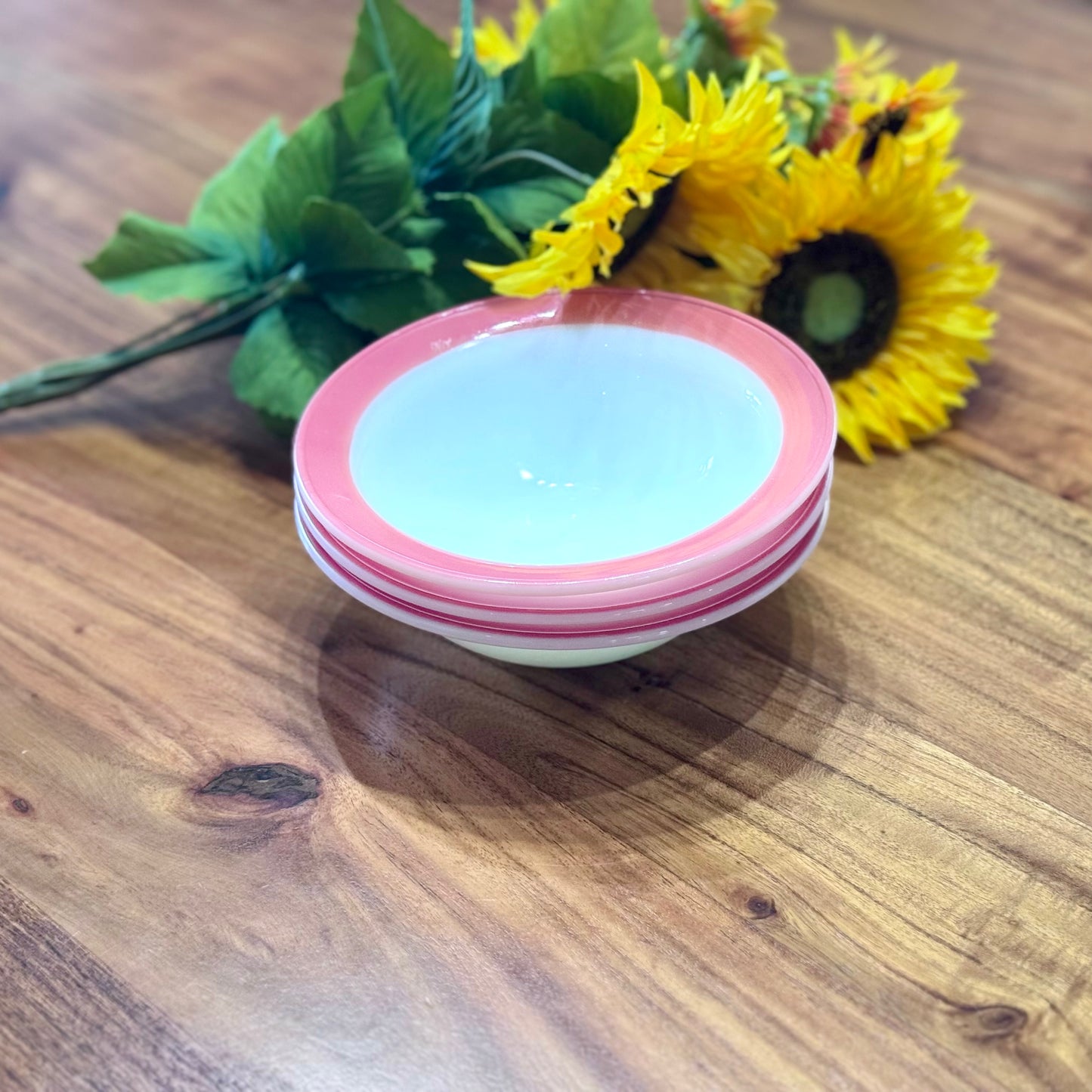 PYREX Milk Glass with Flamingo Pink Band Rim Soup Bowls