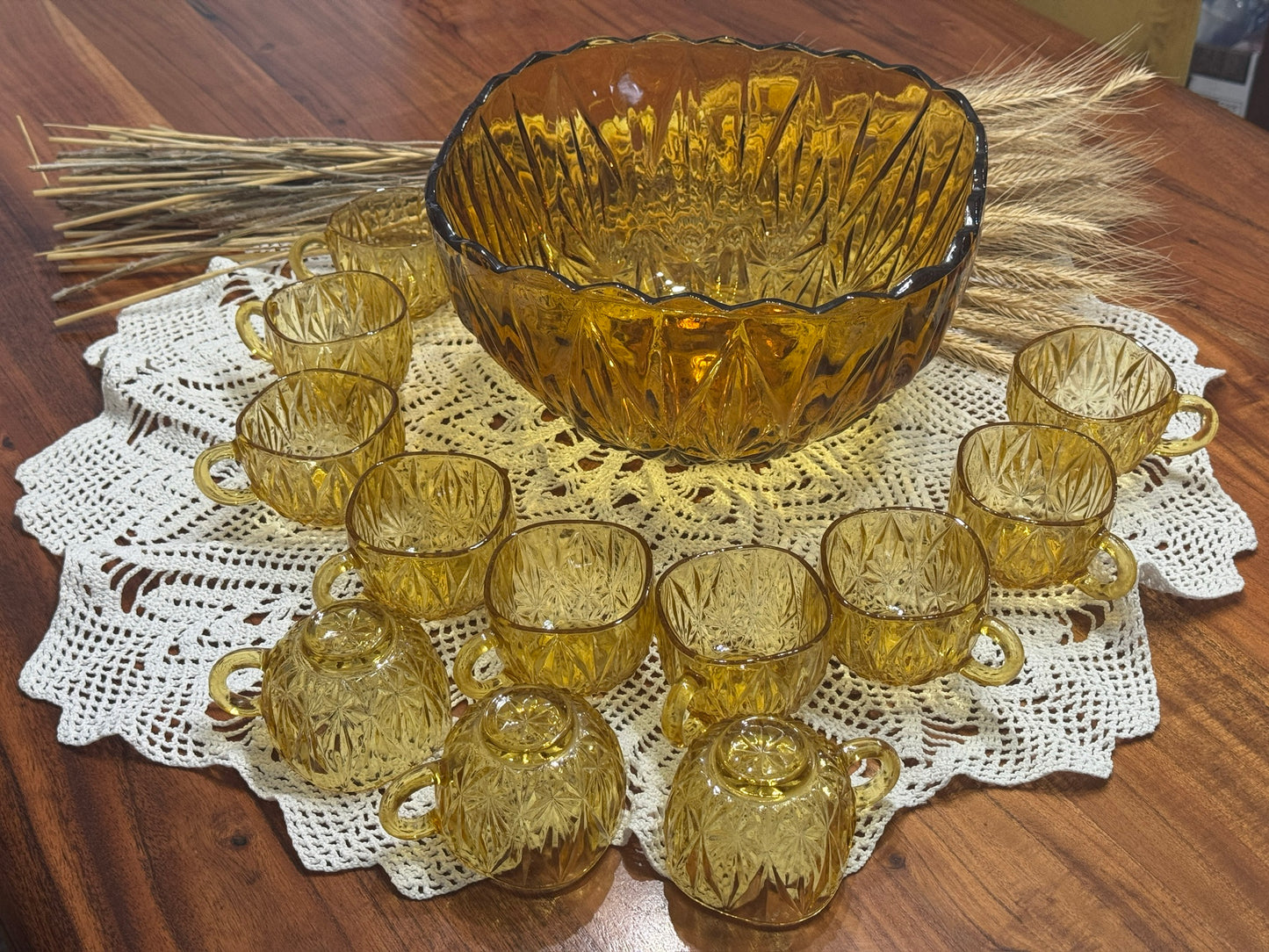 Hazel Atlas Amber Glass Williamsport Punch Bowl Set